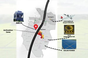 Map of Dholera SIR showing ABCD Building, Activation Zone, International Airport, Tata Semiconductor, and Solar Power projects.