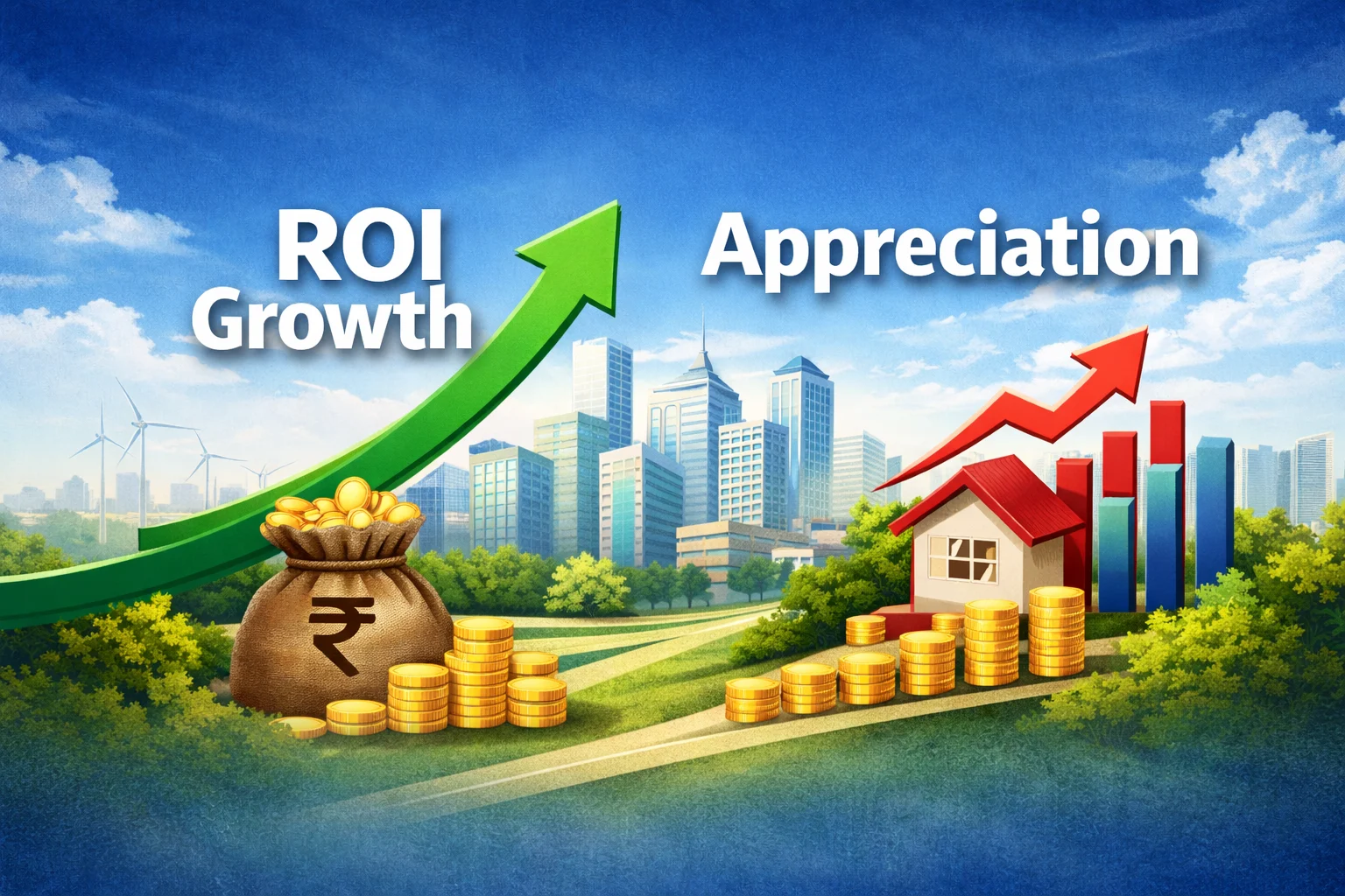 Expected ROI & Price Appreciation in Dholera Smart City showing land investment growth, rising property prices, and ROI graph with future value increase