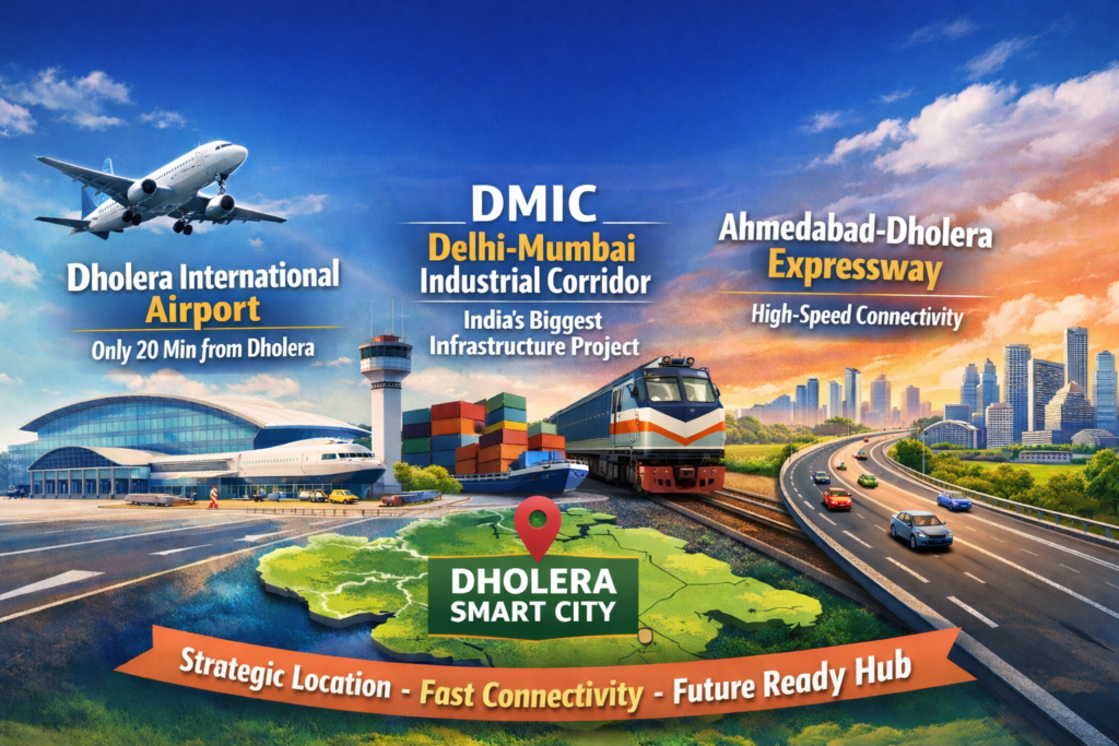 Dholera Smart City location advantage showcasing airport, expressway connectivity, DMIC corridor and planned infrastructure development