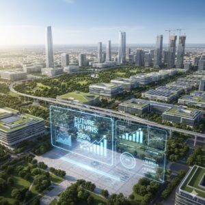 Aerial view of a modern expressway with greenery and buildings.