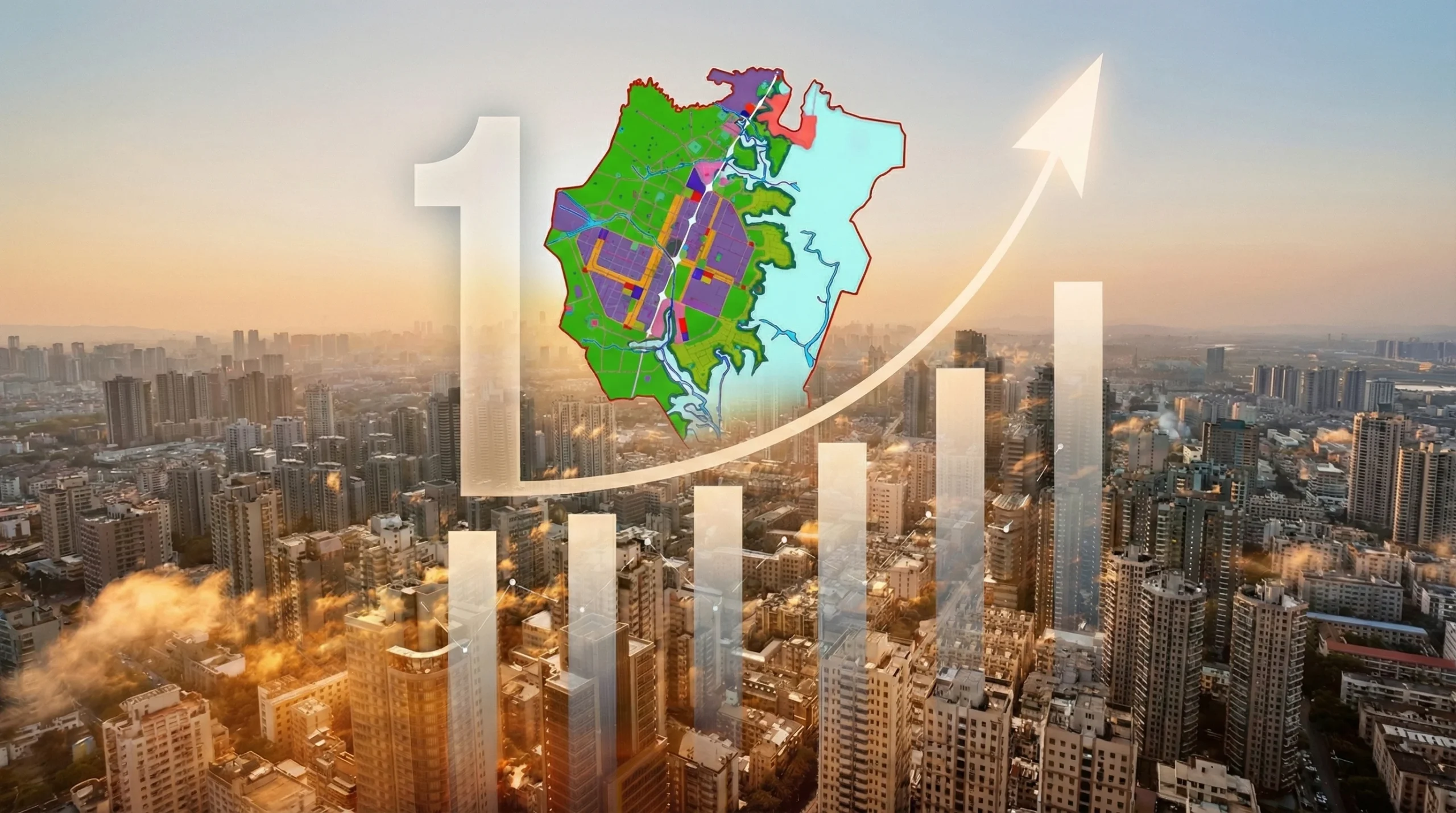 Dholera Smart City master plan map over a modern city skyline representing future growth, infrastructure development, and rising investment opportunities in Dholera SIR