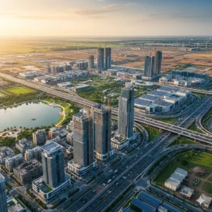 Aerial view of Dholera Smart City showcasing modern infrastructure, high-rise buildings, and express highways, representing development by Top Developer in Dholera – Angel Nova Group.