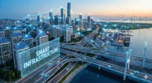 A futuristic smart city displaying advanced infrastructure with solar-powered buildings, interconnected digital networks, multi-layer expressways, smart vehicles, wind turbines, and a high-tech port, illustrating seamless urban connectivity and sustainable development.