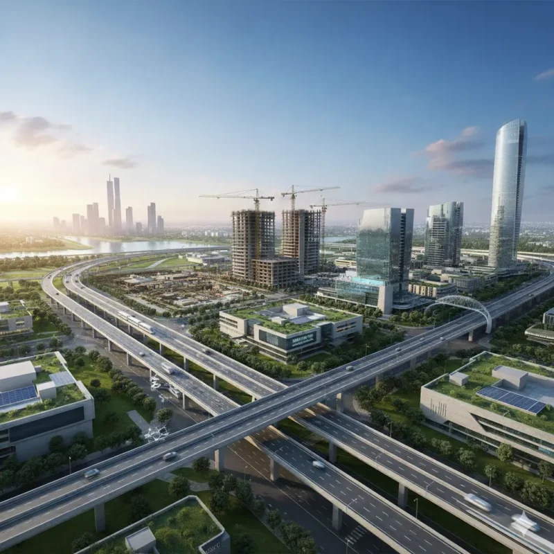 : An aerial view of a sprawling, futuristic smart city (Dholera)