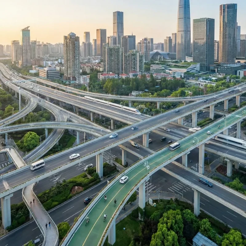 Modern smart city with layered expressways and green mobility routes.