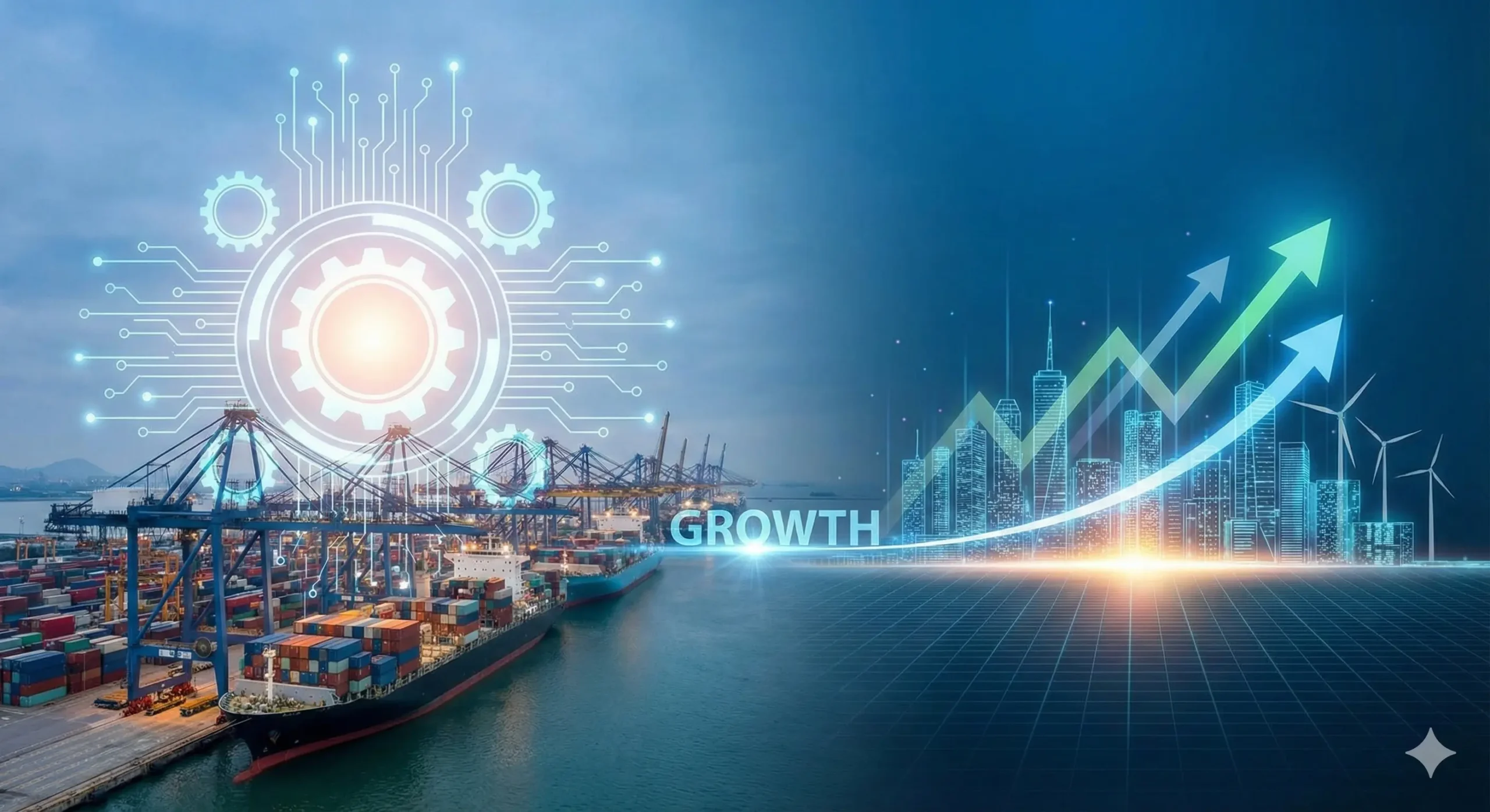 A futuristic visual showing global trade and port operations on the left and a modern digital cityscape with rising growth arrows on the right, symbolizing industrial development, technology-driven progress, and economic growth.