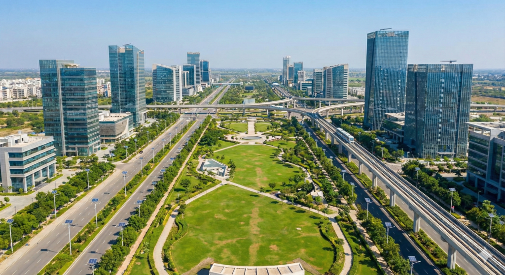 Aerial view of Dholera Smart City with green spaces, modern buildings, wide roads, and metro corridor.