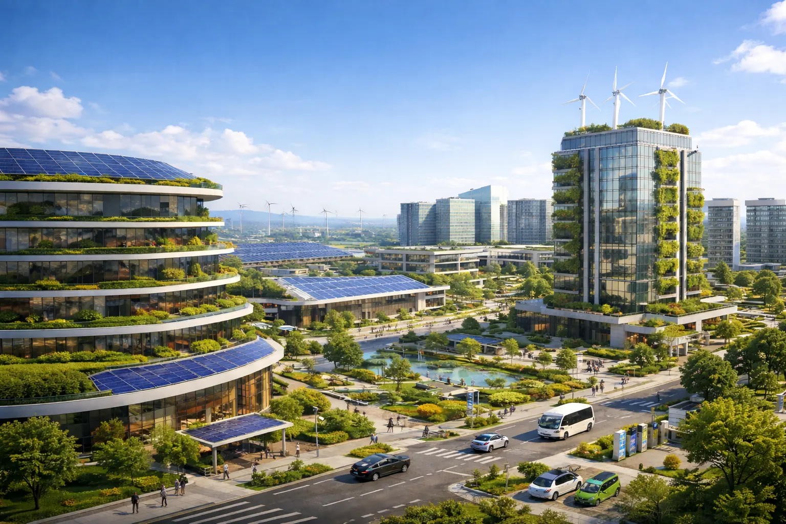 Dholera Smart Buildings showcasing green innovation in India with solar panels, wind turbines, eco-friendly architecture, and sustainable urban planning