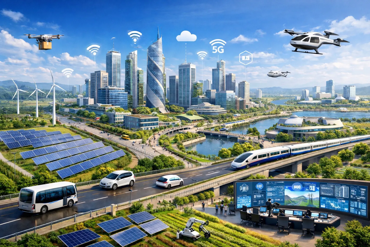 Dholera Greenfield Smart City featuring smart infrastructure, solar energy, high-speed transit, AI monitoring, 5G connectivity, and sustainable urban development