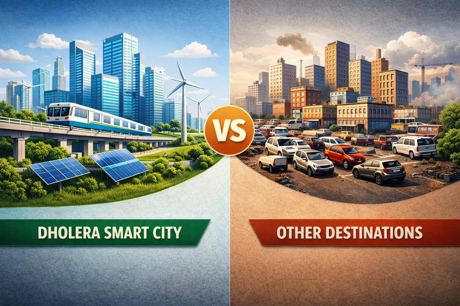 Dholera Smart City vs Other Investment Destinations showing planned smart infrastructure versus congested cities.