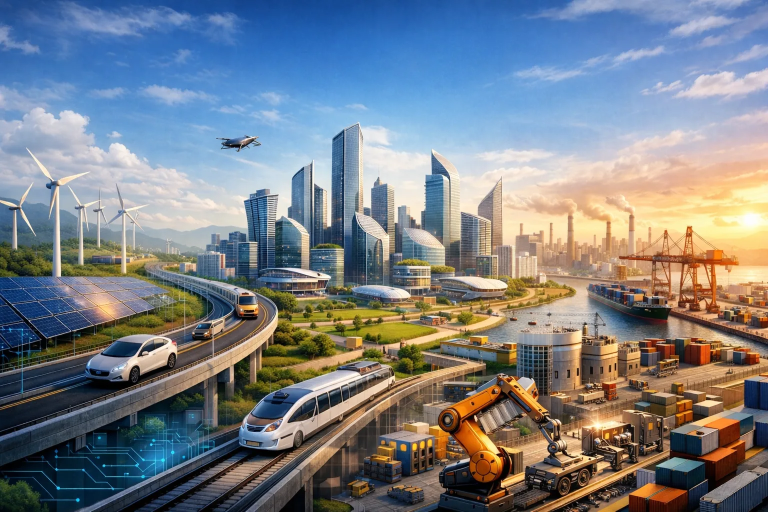 Dholera Smart City futuristic skyline with renewable energy, smart transport, industrial automation, port logistics, and high-tech manufacturing ecosystem