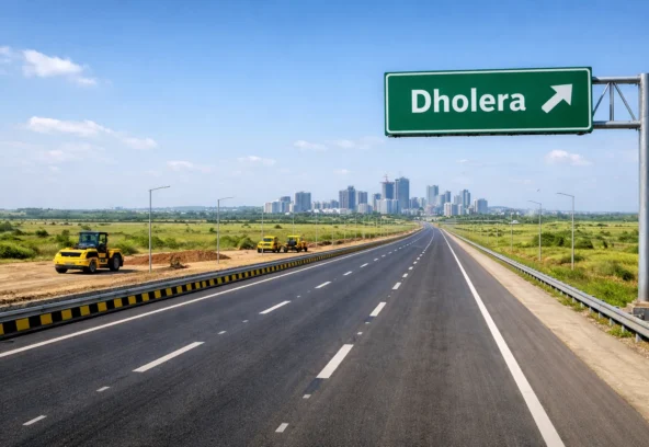 Dholera Expressway postponed or not, showing ongoing expressway construction and connectivity toward Dholera Smart City