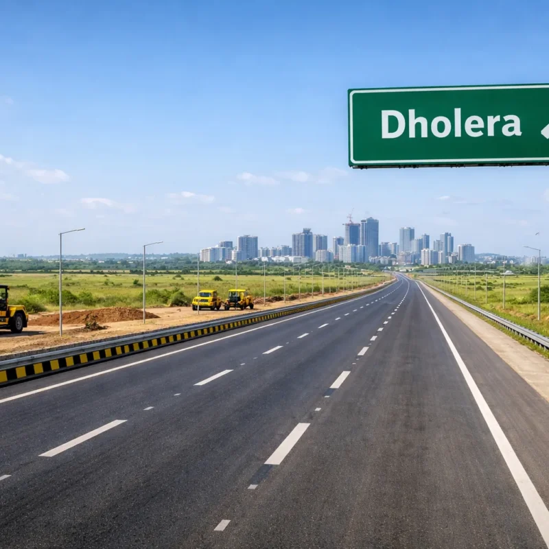 Dholera Expressway postponed or not, showing ongoing expressway construction and connectivity toward Dholera Smart City