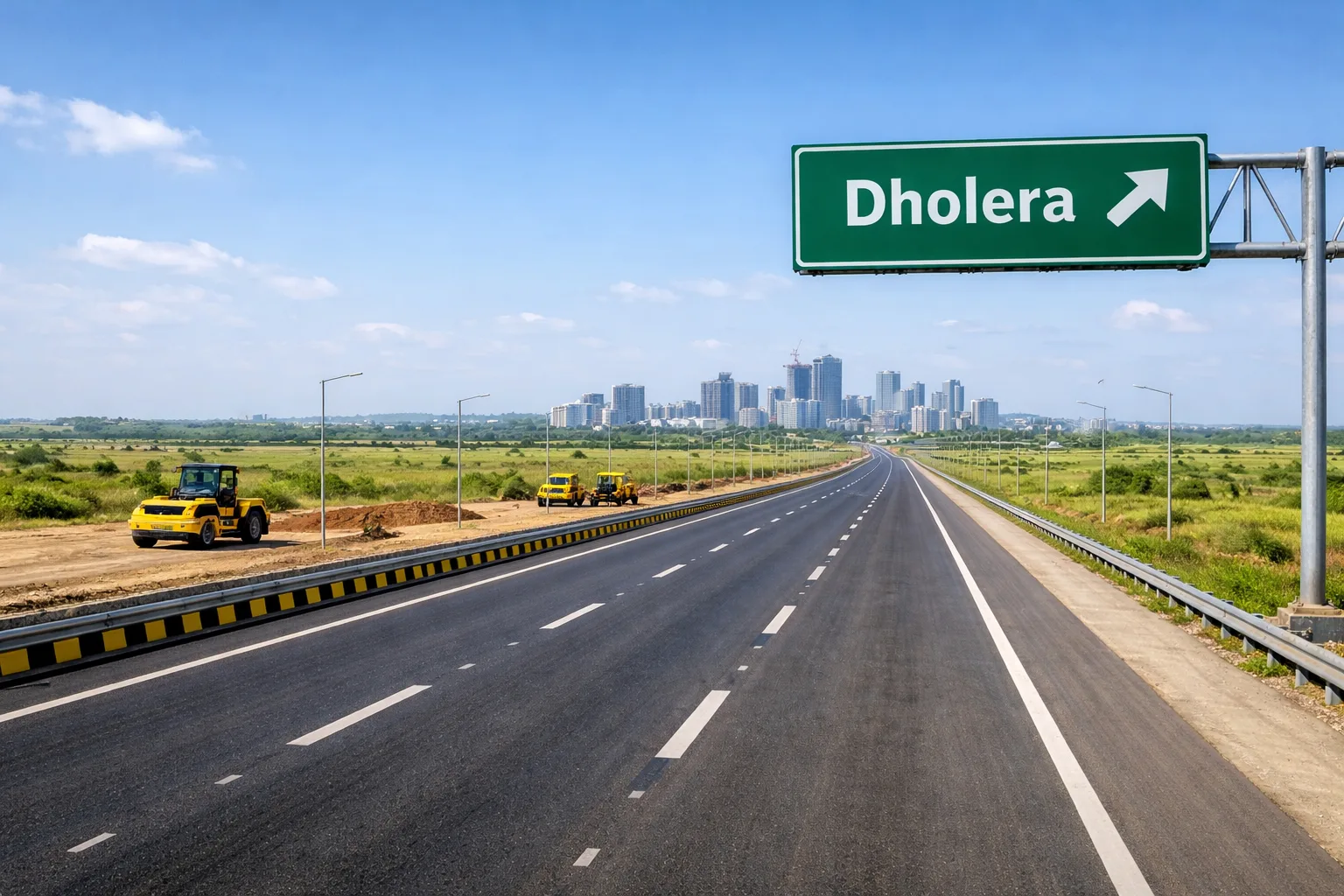 Dholera Expressway postponed or not, showing ongoing expressway construction and connectivity toward Dholera Smart City