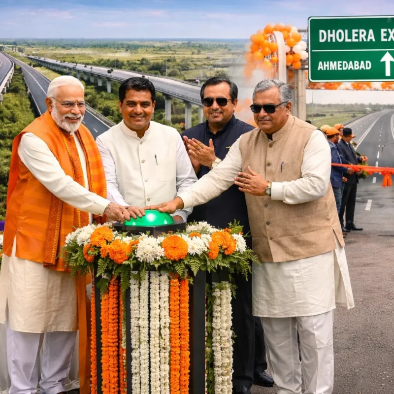 Dholera Expressway inauguration ceremony by Prime Minister highlighting infrastructure growth and investment potential for plots near expressway Dholera Smart City