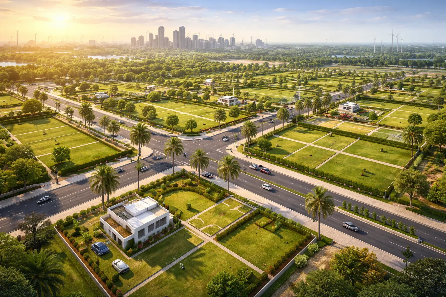 Residential plots in Dholera SIR with planned road network, green open spaces, and smart city infrastructure showcasing high appreciation potential.