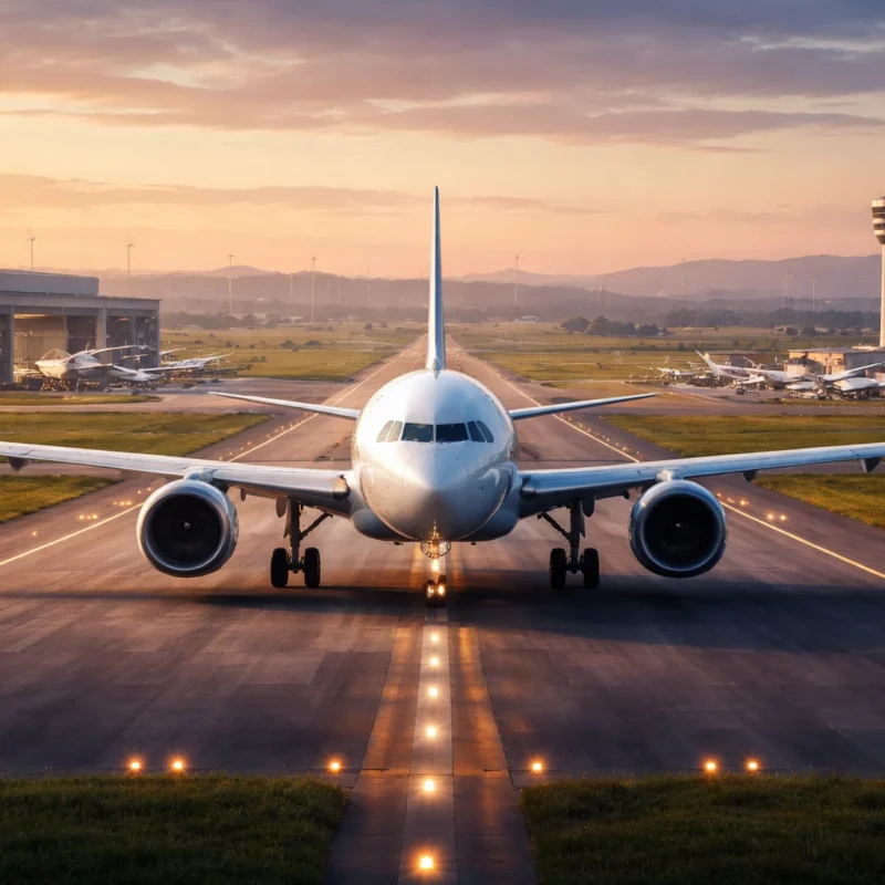 Ultra-realistic view of a commercial aircraft taxiing on the runway at Dholera Airport with aircraft manufacturing hangars and assembly facilities in the background, showcasing indigenous aviation growth in India.
