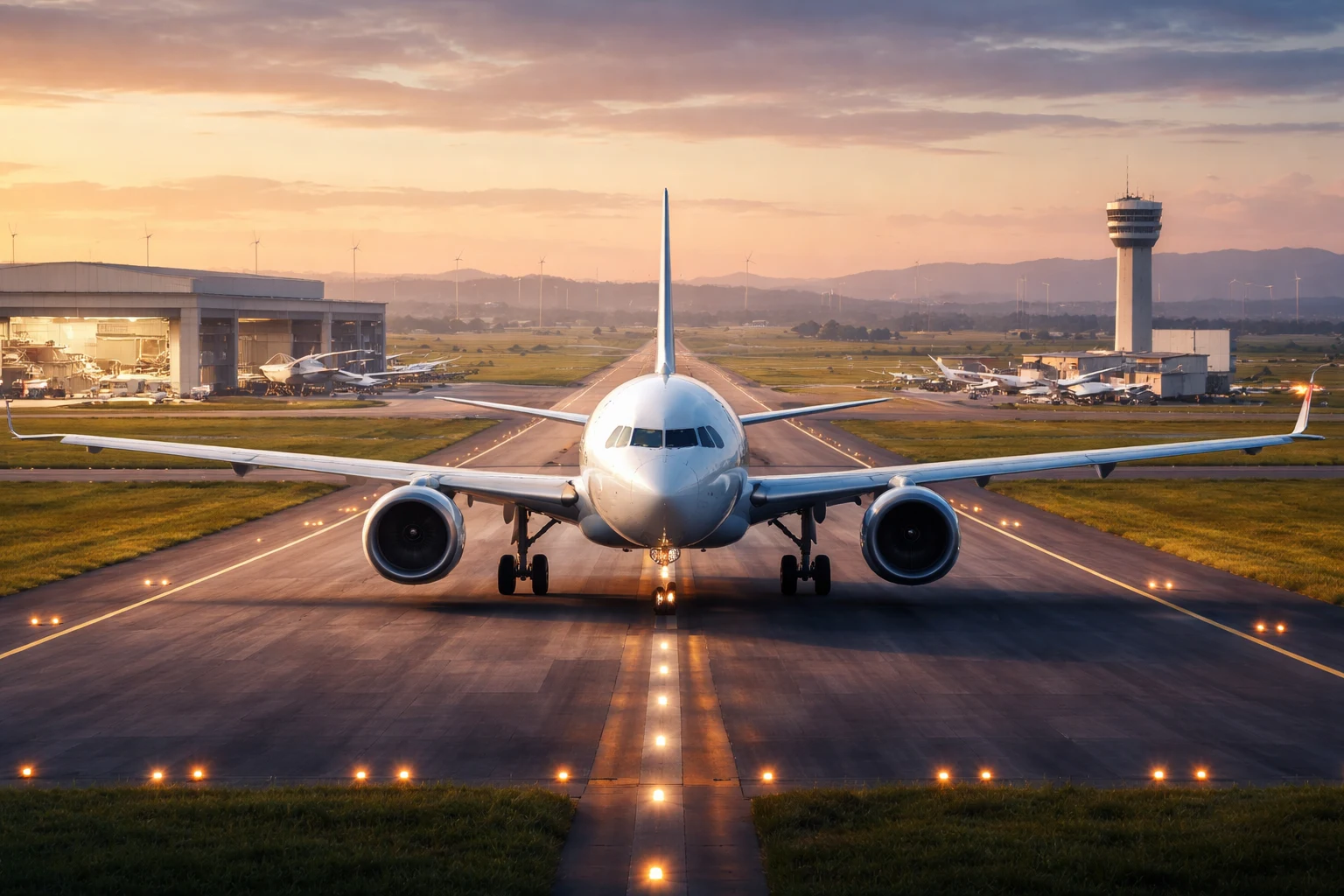 Ultra-realistic view of a commercial aircraft taxiing on the runway at Dholera Airport with aircraft manufacturing hangars and assembly facilities in the background, showcasing indigenous aviation growth in India.