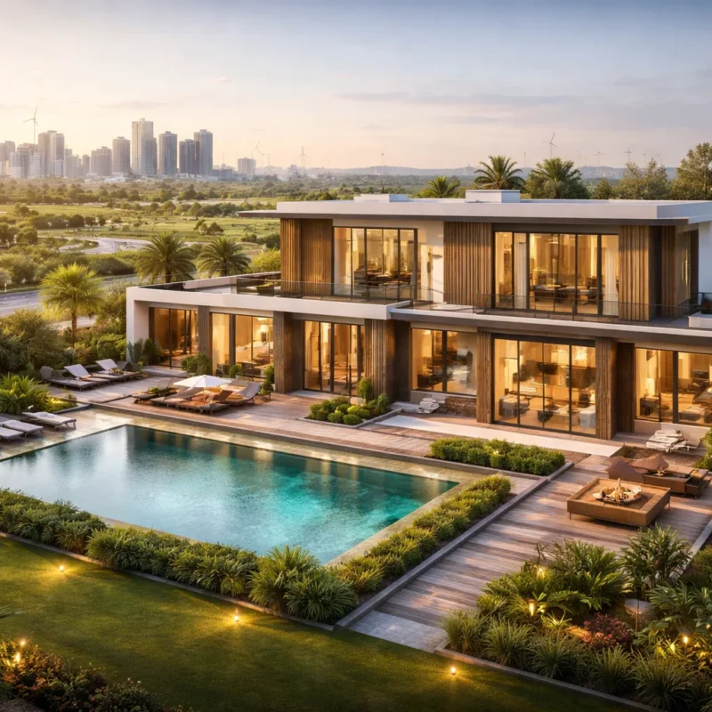 Luxury modern villas in Dholera Smart City with landscaped surroundings, wide roads, and smart infrastructure showcasing premium living and future-ready development.