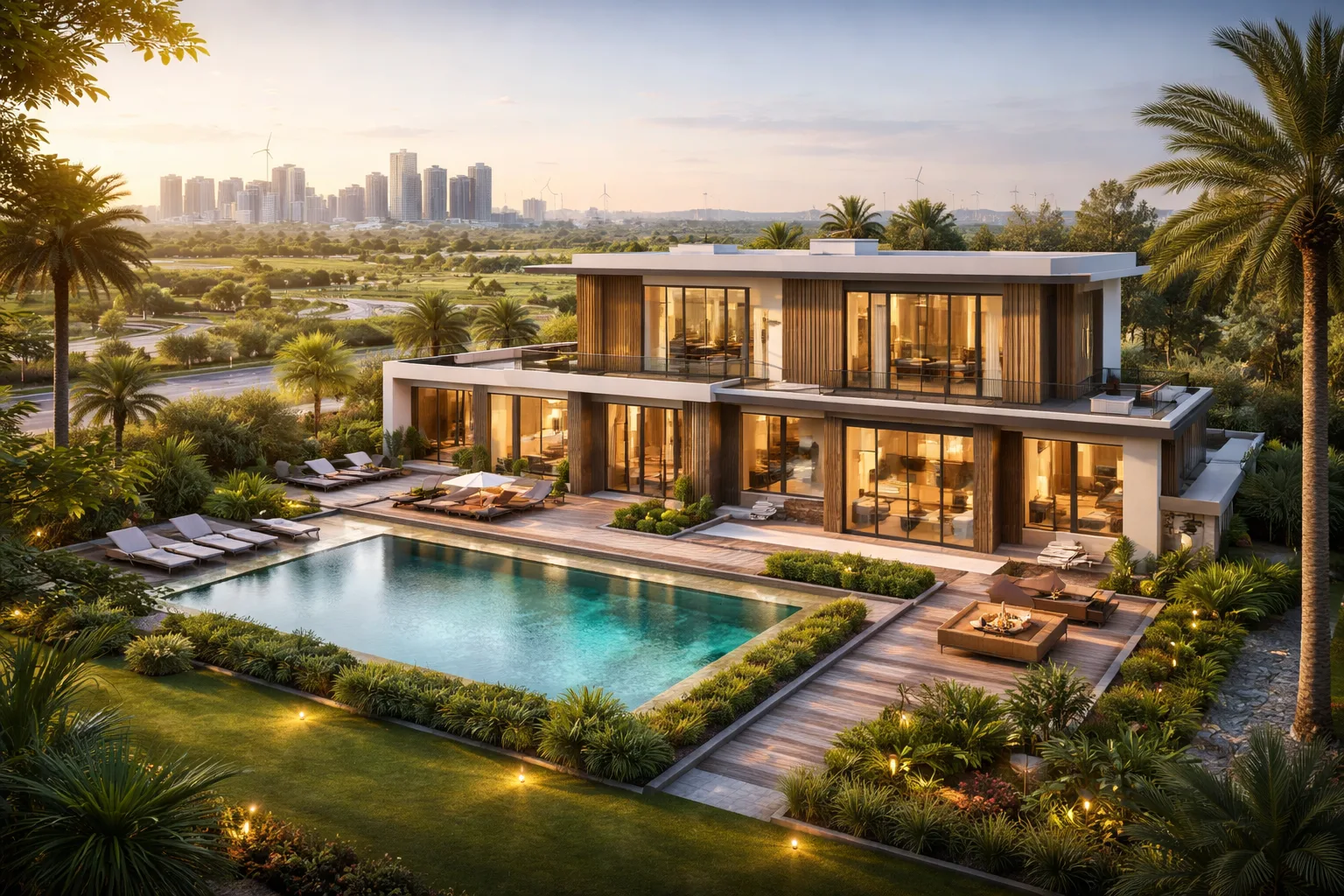 Luxury modern villas in Dholera Smart City with landscaped surroundings, wide roads, and smart infrastructure showcasing premium living and future-ready development.